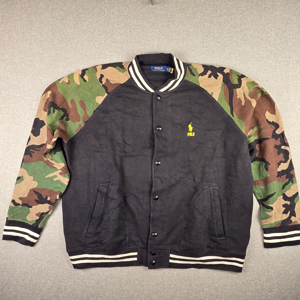 Polo Ralph Lauren Mens XL Camo Sleeve Varsity Jacket Black Snap Front Bomber